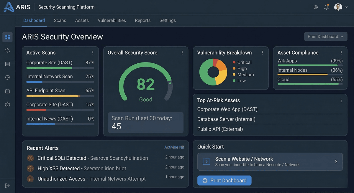 Interface ARIS Security Scanning Platform — Dashboard vulnérabilités